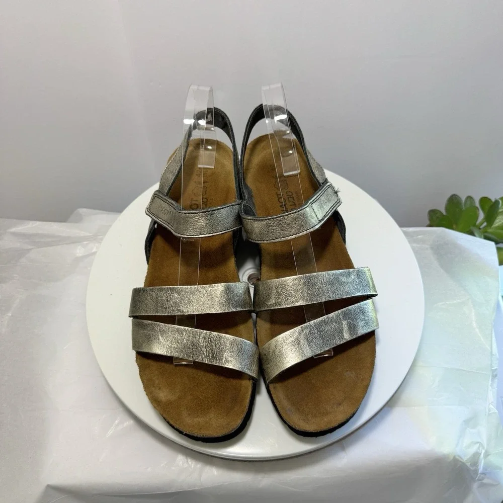 Naot Leather Strappy Boho Wedge Hook Loop‎ Cork Comfort Sandals 42 Gold Black
